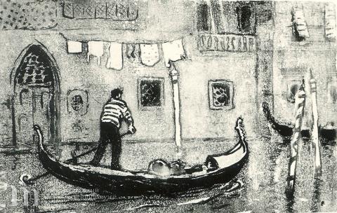 Савиных Ирина Ивановна (род.1935) Гондольер. 1965 г. Бумага, акватинта, резерваж. И: 26,2х39; Л: 35х47; Д: 24,6х39,2.
