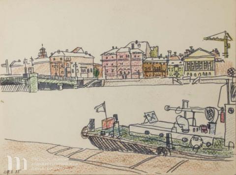 Гориславцев Владимир Николаевич (род. 1939) Нева. Мост лейтенанта Шмидта (Благовещенский мост). 1985 г.  Бумага, цветной карандаш, фломастер. 23,9х31,8
