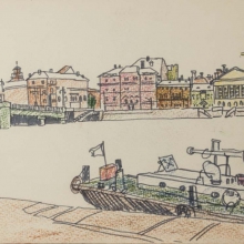 Гориславцев Владимир Николаевич (род. 1939) Нева. Мост лейтенанта Шмидта (Благовещенский мост). 1985 г.  Бумага, цветной карандаш, фломастер. 23,9х31,8