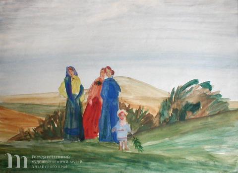 Басманов Павел Иванович (1906-1993) Прогулка. 1937 г. Бумага, акварель, гуашь. 28х28.