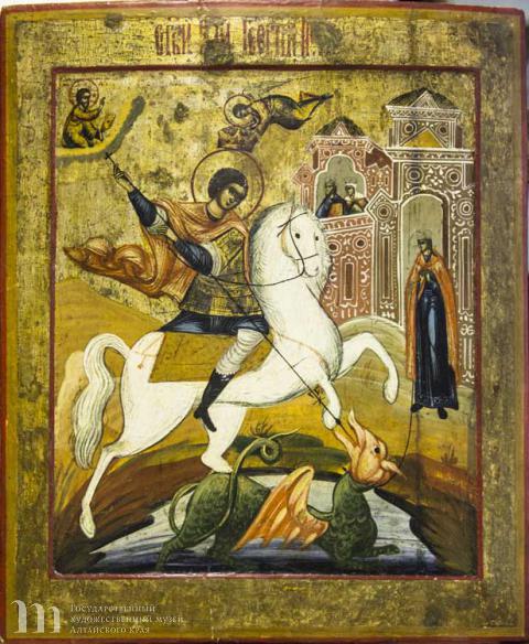 Балыкин Викула Федорович (1860 &ndash; после 1932) Георгий Победоносец. Начало ХХ в. Дерево, левкас, темпера. 44,4х38х2,4.