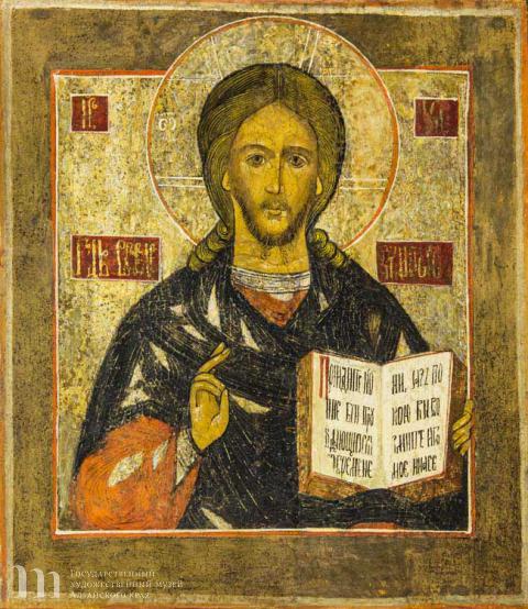 Балыкин Викула Федорович (1860 &ndash; после 1932) Спас Вседержитель. Начало ХХ в.  Дерево, паволока, левкас, темпера. 34,5х30,1х3.