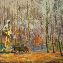 Харин Иван Евсеевич (1909-1995). В старом железнодорожном парке. 1945 г.  Картон, масло. 29,5х39,5.