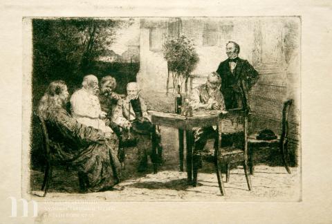 Маковский Владимир Егорович (1846-1920) Разговор. 1885 г. Офорт. Л. 19,4х23,7; И. 22,2х19,7; О. 8,3х12.