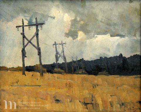 Борунов Геннадий Федорович (1928-2008).  Хлеб убран. Дождливый день. 1965 г.  Картон, масло. 47.0х59,5. 