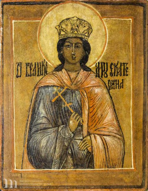 Балыкин Викула Федорович (1860 &ndash; после 1932) Святая Екатерина. Начало ХХ в. Дерево, левкас, темпера. 21,7х16,8х2,2.