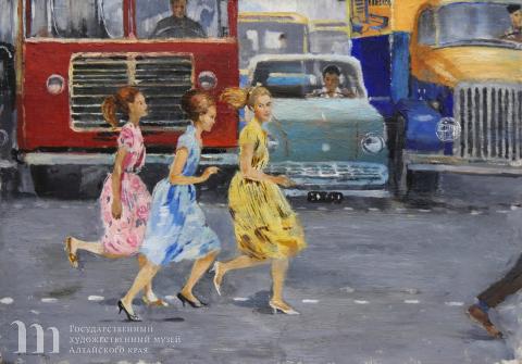 Пименов Юрий Иванович (1903 - 1977). Бегом через улицу. 1963 год. Курская государственная картинная галерея им. А.А. Дейнеки