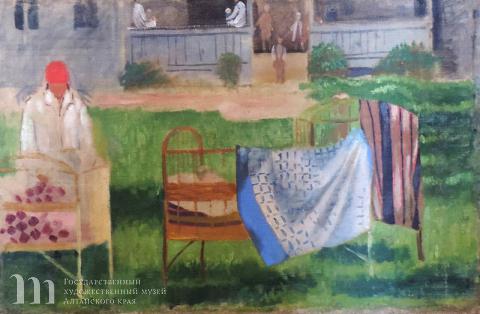  Самохвалов Александр Николаевич (1894-1971) Детские ясли коммуны &laquo;Ленинский путь&raquo;/ Девочка на берегу в красной косынке. 1931-1932 гг. / 1934 г. Холст, масло. 40,5х63,0.