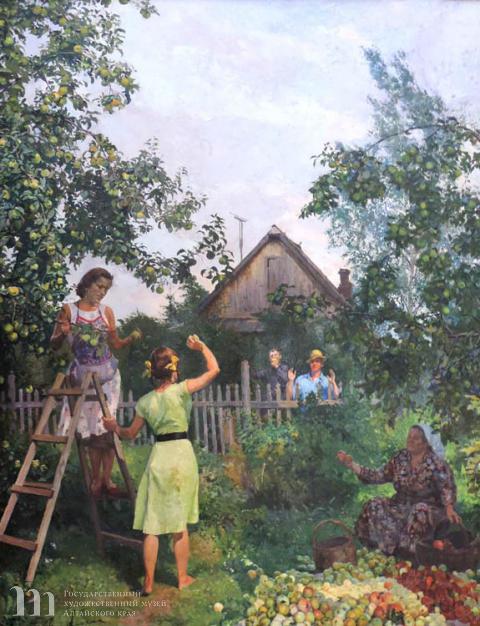  Алёхин Пётр Яковлевич (род.1904) Сбор яблок. 1957 г.  Холст, масло. 100х60.