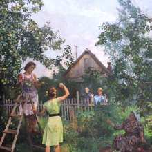   Алёхин Пётр Яковлевич (род.1904) Сбор яблок. 1957 г.  Холст, масло. 100х60.