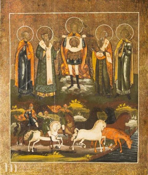 Неизвестный иконописец (Сузун). &laquo;Чудо о Флоре и Лавре&raquo; К. XIXв.- 1\3 XXв. Дерево, левкас,  желтковая темпера, листовое золочение по полименту 53,0х44,3х3,0