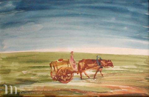 Басманов Павел Иванович (1906-1993) В степи. Водовозка. Сибирь. 1933 г. Бумага, акварель. 16х24.