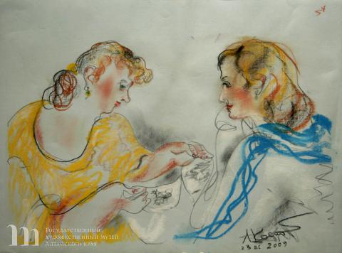 Костенко Любовь Алексеевна (род. 1947). Подруги. 19 лет спустя. 2009 г. Бумага, пастель. 35,7х47,8.