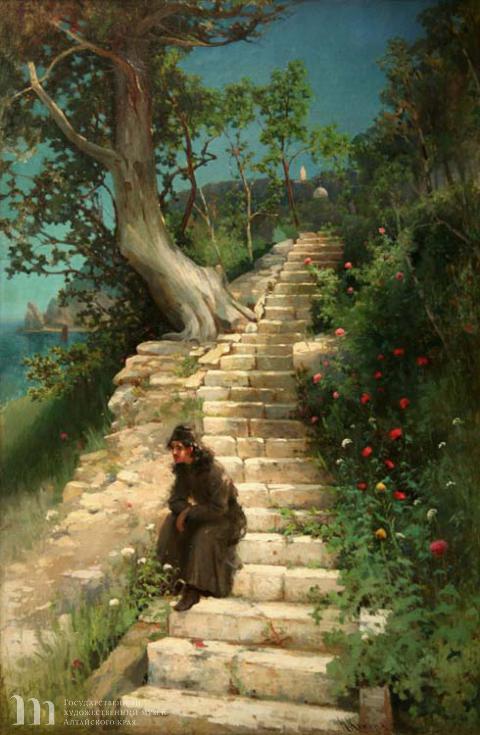Химона Николай Петрович (1864 (1865?)-1929) Отшельник на ступенях храма. Холст, масло. 140х91,5. 
