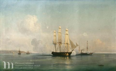 Боголюбов Алексей Петрович (1824-1896) Бой русского фрегата с турецкими кораблями. 1857 г. Холст, масло. 119 х 190,5.