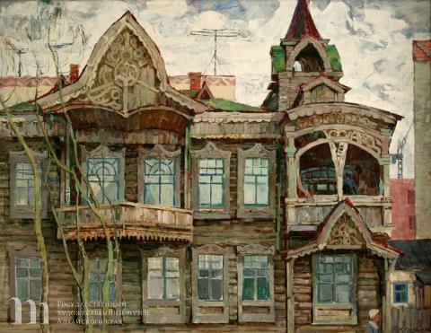 Будкеев Михаил Яковлевич (род.1922) Дом на Пушкинской. 1970 г. Картон, масло. 96х120,5.