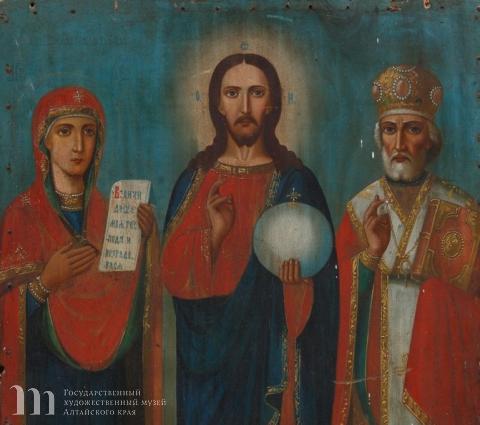 Неизвестный иконописец. Борисовская слобода Белгородской губернии Российской губернии. &laquo;Богоматерь, Господь Вседержитель, Николай Чудотворец&raquo;. К. XIX века. Дерево, масло. Фрагмент. Государственный художественный музей Алтайского края