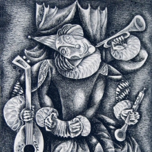Валович Виталий Михайлович (род. 1928) Музыкальный эксцентрик. Из серии &laquo;Цирк&raquo;. 1975 г. Офорт. И:30,8х20,4; Л: 59,8х46,7; Д: 34,4х23,7.