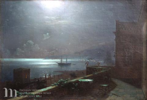 Айвазовский Иван Константинович (1817-1900) Феодосия в лунную ночь. Вид с балкона дома Айвазовского на море и город. 1880 г.  Холст, масло. 44х64.