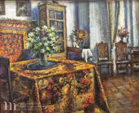 Зефиров Константин Клавдианович (1879-1960) &laquo;Интерьер с золотистой скатертью&raquo;. 1940-1950-е гг. Холст, масло. 61,0х75,5