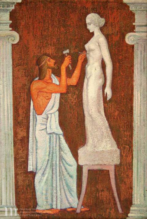 Рудзите Илзе Рихардовна (род.1937) Пигмалион. Триптих. Центральная часть. 1973 г. Холст, темпера. 93,0х63,0.
