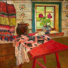 Ковешникова Майя Дмитриевна (1926-2013). Изба Прова из Уймона. 1966 г.  Картон, темпера. 100,0х70,0. 
