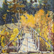 Коровай Елена Людвиговна (1901-1974) Мостик в лесу. Барнаул. 1916 г. Холст, масло. 57,4х48.