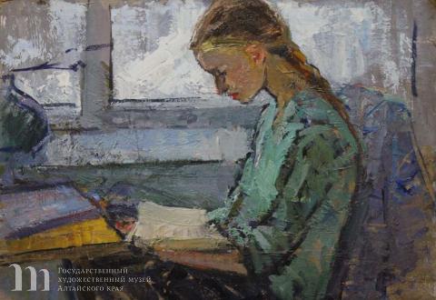 Ковешникова Майя Дмитриевна (1926-2013) Девочка с книгой (портрет дочери Татьяны). 1960-е гг. Картон, масло. 49,5х69,7.