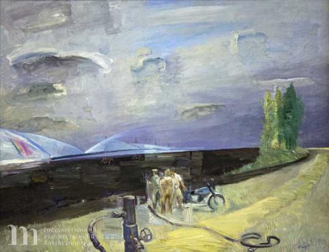 Ристан Омирзак (род. 1950) Полив в колхозе им.Шумакова. 1984 г. Картон, масло. 75х97.