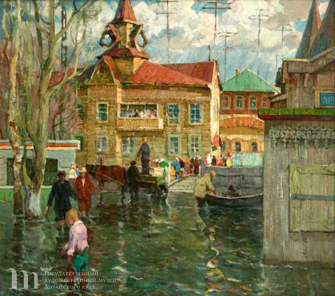 Будкеев Михаил Яковлевич (род.1922). Весна. Большая вода. 1970 г.  ДВП, масло. 117,0х135,0.