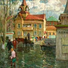 Будкеев Михаил Яковлевич (род.1922). Весна. Большая вода. 1970 г.  ДВП, масло. 117,0х135,0.