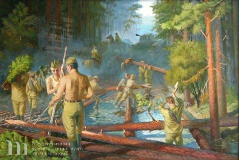Шкиль Владимир Кириллович (род. 1921) &laquo;Через тайгу и болота. Август 1945 года&raquo;. 1995 г. Холст, масло. 105х154